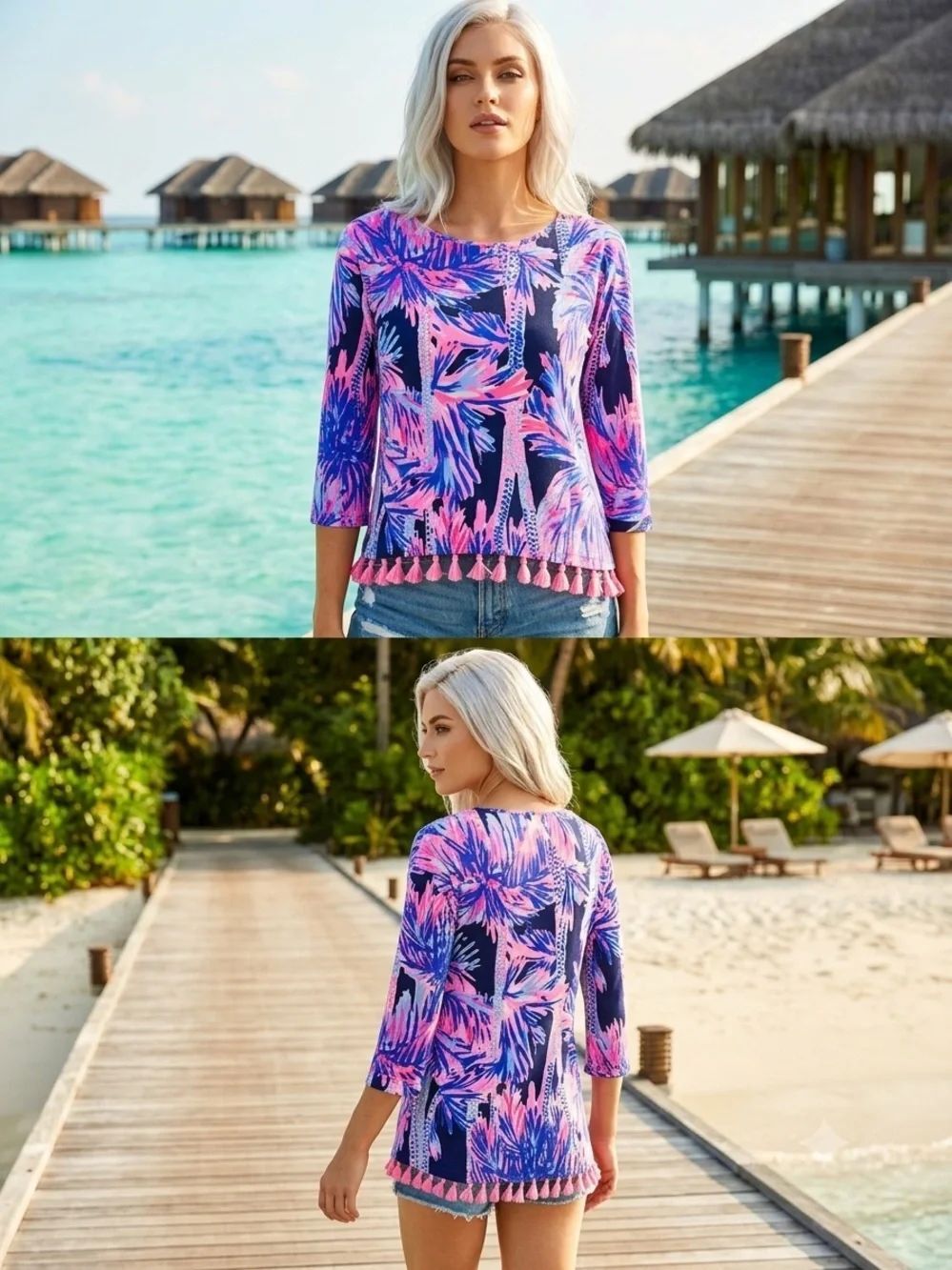 LILLY PULITZER Top Bright Navy Palms Up Tassel Blue Pink 3/4 Sleeves XXS